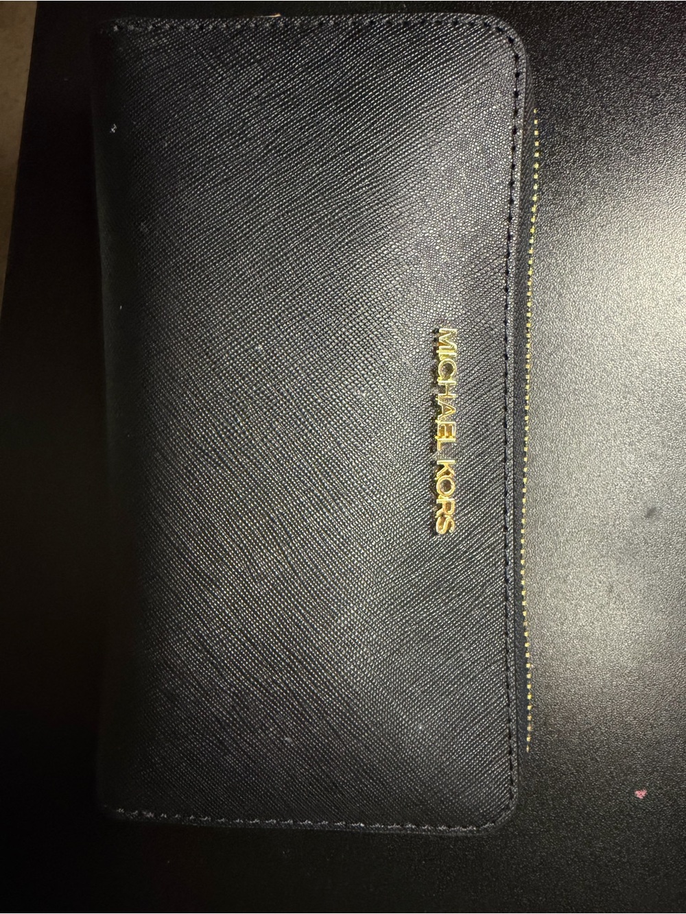 Michael Kors Black Leather Men's Zip Wallet with Gold Logo